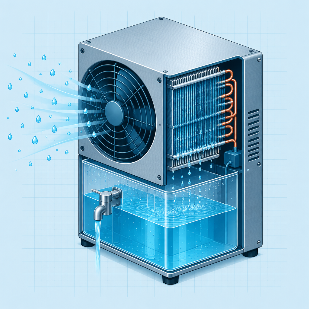 Cutaway illustration of a DIY atmospheric water generator: air is drawn through a fan over condenser coils, dripping into a water reservoir with a dispensing tap